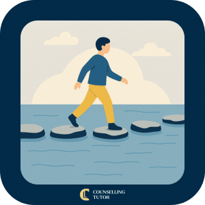 Illustration of a person stepping across stones on water, symbolising gradual risk-taking and progress in therapy.