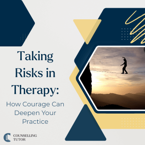 Silhouette of a person balancing on a tightrope at sunset beside the text ‘Taking Risks in Therapy: How Courage Can Deepen Your Practice’, representing courage and growth in counselling.