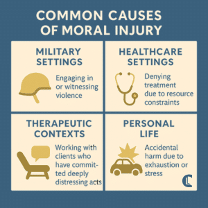 Infographic titled ‘Common Causes of Moral Injury’, showing four boxes: Military Settings – engaging in or witnessing violence; Healthcare Settings – denying treatment due to resource constraints; Therapeutic Contexts – working with clients who have committed distressing acts; Personal Life – accidental harm due to exhaustion or stress, with simple icons for each category.