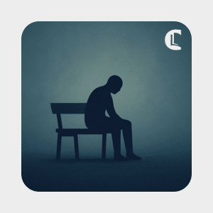 Silhouette of a person sitting hunched forward on a bench in a dim, blue-toned scene, conveying emotional distress, with the Counselling Tutor logo in the top right corner.