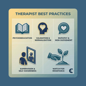 Infographic titled ‘Therapist Best Practices’, showing five illustrated panels: psychoeducation (open book), validation and normalisation (head with heart), empathy and non-judgement (speech bubble with heart), supervision and self-awareness (therapist and mirror), and watching for resistance (hand watering a small plant), with the Counselling Tutor logo in the bottom right.