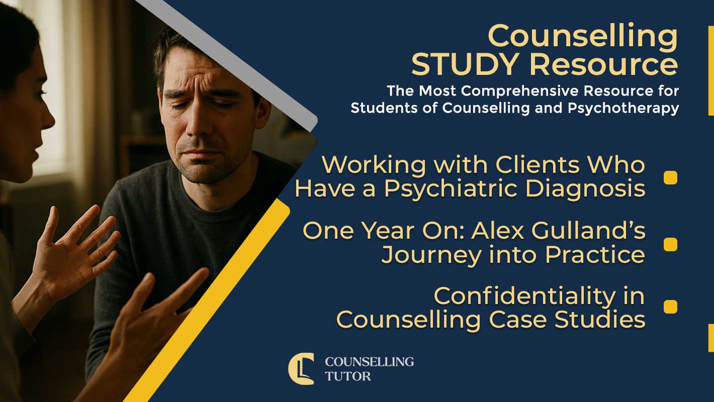 CT-Podcast-Ep362 featured image: Topics Discussed: Working with Clients Who Have a Psychiatric Diagnosis – One Year On: Alex Gulland’s Journey into Practice – Confidentiality in Counselling Case Studies