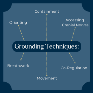 Diagram showing grounding techniques including orienting, breathwork, movement, containment, co-regulation and accessing cranial nerves.