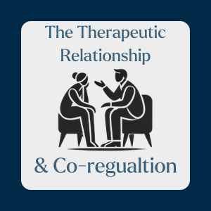 Illustration of a counsellor and client in conversation representing the therapeutic relationship and co-regulation.
