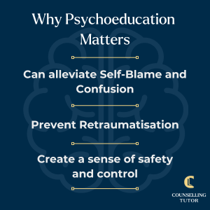 Graphic explaining why psychoeducation matters, highlighting reduced self-blame, prevention of retraumatisation, and increased safety and control.