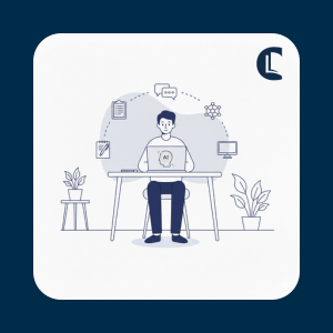 Illustration of a counsellor working on a laptop labelled “AI”, with icons for notes, messages and automation around them, representing AI administrative tools in counselling practice.