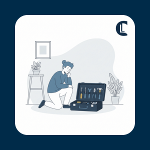 Illustration of a counsellor kneeling beside an open case of tools, representing the use of AI tools in counselling practice.