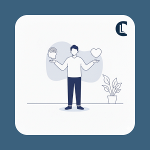 Illustration of a counsellor holding an AI icon in one hand and a heart icon in the other, representing balancing AI tools with human connection and professional judgement in counselling.