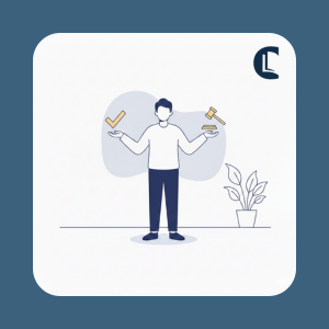 Illustration of a therapist weighing a tick and a gavel in each hand, representing ethical checks when choosing AI tools in counselling practice.