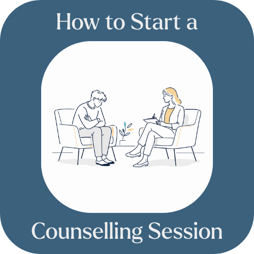 Graphic showing a therapist and client in a first counselling session, illustrating how to begin a counselling session and build rapport.