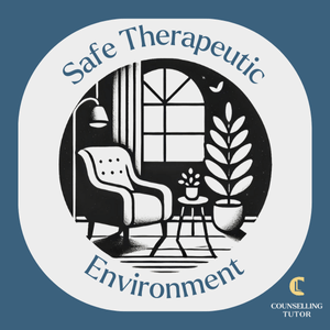 Circular illustration of a comfortable therapy room with armchair, window and plant, labelled “Safe Therapeutic Environment.”