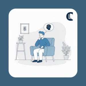 Illustration of a counsellor sitting thoughtfully in an armchair with a small brain-and-circuit icon in a thought bubble, representing caution, curiosity, and fear about using AI in counselling practice.