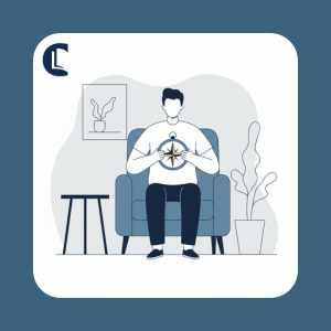 Illustration of a counsellor sitting in an armchair and holding a compass, representing ethical decision-making when using AI in counselling.