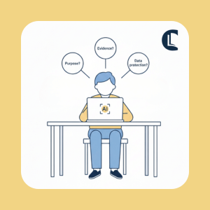 Illustration of a counsellor using a laptop labelled “AI”, with thought bubbles showing “Purpose?”, “Evidence” and “Data protection?”, representing questions about how safe AI tools are in counselling practice.