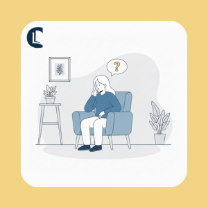 Illustration of a counsellor sitting in an armchair with a thoughtful expression and a question mark above their head, representing professional reflection and uncertainty about using AI in counselling.