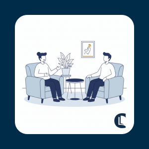 Illustration of a supervisee and supervisor sitting in armchairs facing each other, representing shared language for discussing the use of AI in counselling.