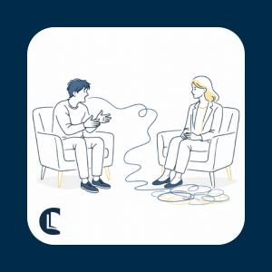 Graphic of a client sharing their story as it flows between them and the counsellor, representing emotional release and active listening in a counselling session.