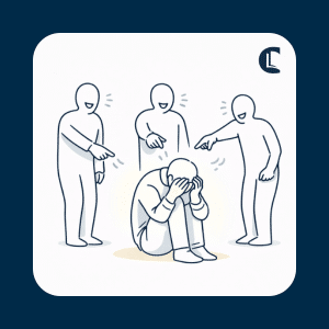 Person sitting on the floor covering their face while three others point and criticise, illustrating the developmental origins of shame