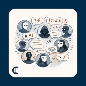 Illustration of anonymous masked figures communicating online in a circular network, with speech bubbles containing symbols, insults and angry punctuation, representing hostile or uninhibited behaviour on social media.