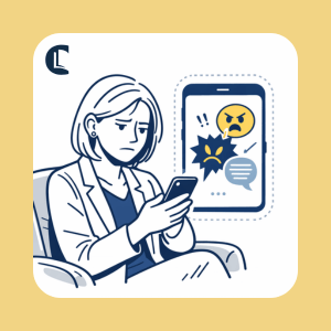 Illustration of a counsellor sitting in a chair looking upset while reading her phone, with a smartphone screen beside her showing an angry emoji, speech bubble and impact symbol representing hostile or critical online messages.