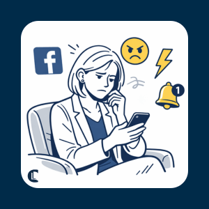 Illustration of a counsellor looking concerned while checking her phone, surrounded by Facebook logo, angry emoji, lightning bolt and notification bell icons symbolising negative social media interactions and online disinhibition.