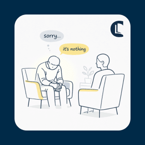 Client sitting with head down in a counselling session saying “sorry” and “it’s nothing”, illustrating how shame appears in practice