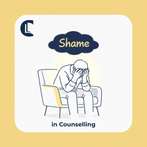 Client sitting with head in hands under a cloud labelled “Shame” during a counselling session