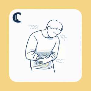 Person holding their stomach with wavy lines around the body, representing the somatic or bodily experience of shame, such as nausea.