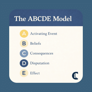 ABCDE model in counselling diagram showing activating event, beliefs, consequences, disputation, and effect