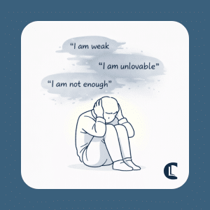 Person curled up with negative self-beliefs such as “I am weak” and “I am not enough”, illustrating the shame cycle