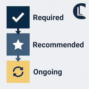 Diagram showing required, recommended, and ongoing compliance steps for counsellors and therapists under the Data Use and Access Act 2025