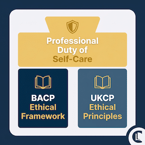 Diagram showing the BACP Ethical Framework and UKCP Code of Ethics both supporting self-care as a professional duty