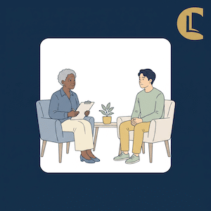 A candidate being interviewed for a counselling placement by an interviewer with a clipboard, seated in armchairs