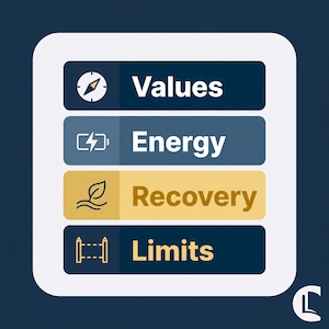 Diagram of a self-monitoring compass for counsellors covering values, energy, recovery and limits