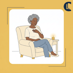 A counsellor sitting quietly with a small light, representing reframing shame around burnout as information rather than failure