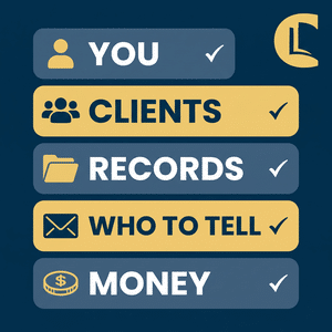 Checklist of what to include in a clinical will: you, clients, records, who to tell, money