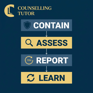 A four-step data breach response diagram for counsellors: contain, assess, report within 72 hours, and learn