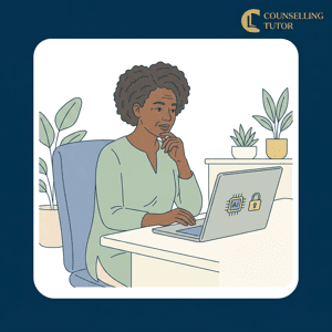 A counsellor pausing before entering client information into an AI tool, considering consent and data handling