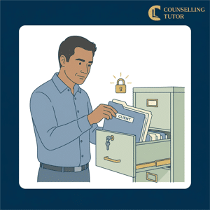 A counsellor placing a confidential client file into a locked cabinet, illustrating secure storage of sensitive therapy records