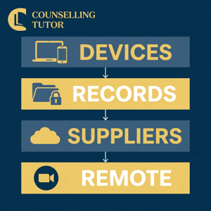 A diagram of a practical security standard for counsellors covering devices, records, suppliers and remote sessions