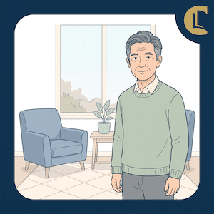 A counsellor standing in a calm therapy room, considering premises options for private practice