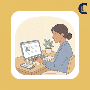 A counsellor building an online presence and receiving client enquiries at a laptop