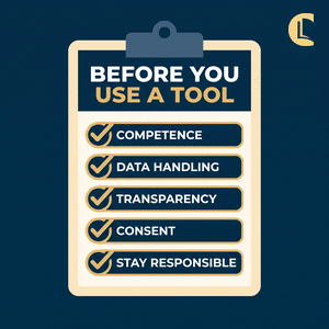 A checklist of what the BACP Ethical Framework 2026 asks counsellors to demonstrate before using an AI or digital tool: competence, data handling, transparency, consent and staying responsible