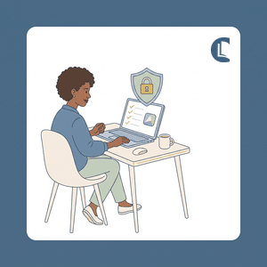 A counsellor checking a counselling app privacy and security against a checklist before signing up, choosing safe apps for counsellors in the age of AI