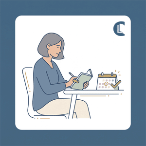 A counsellor writing a short note recording why they chose an app, with a review date, as the BACP 2026 framework expects