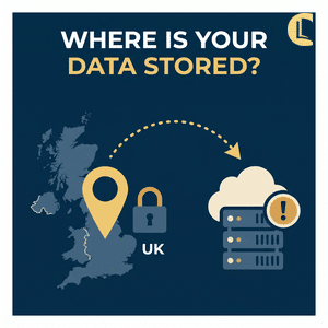 A diagram showing counselling client data leaving the UK to an overseas server, illustrating the loss of UK GDPR protection when data is stored abroad